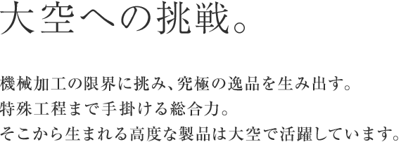 大空への挑戦。機械加工の限界に挑み、究極の逸品を生み出す。特殊工程まで手掛ける総合力。そこから生まれる高度な製品は大空で活躍しています。